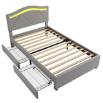 Upholstered Bed with LED Lights, 2 Drawers and Adjustable Headboard, Grey Linen
