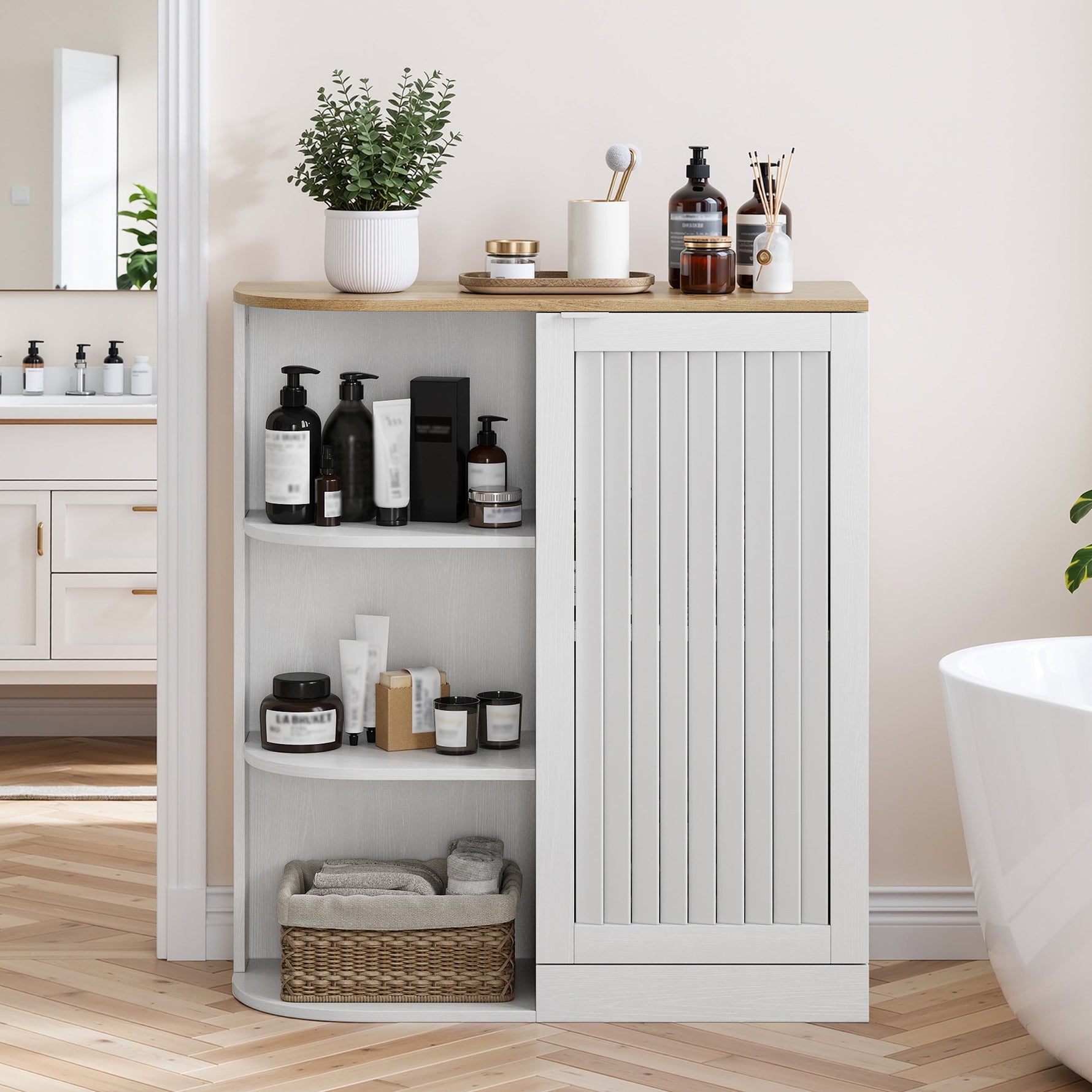 Corner Cabinet with Mesh Doors and Adjustable Shelves, White and Oak