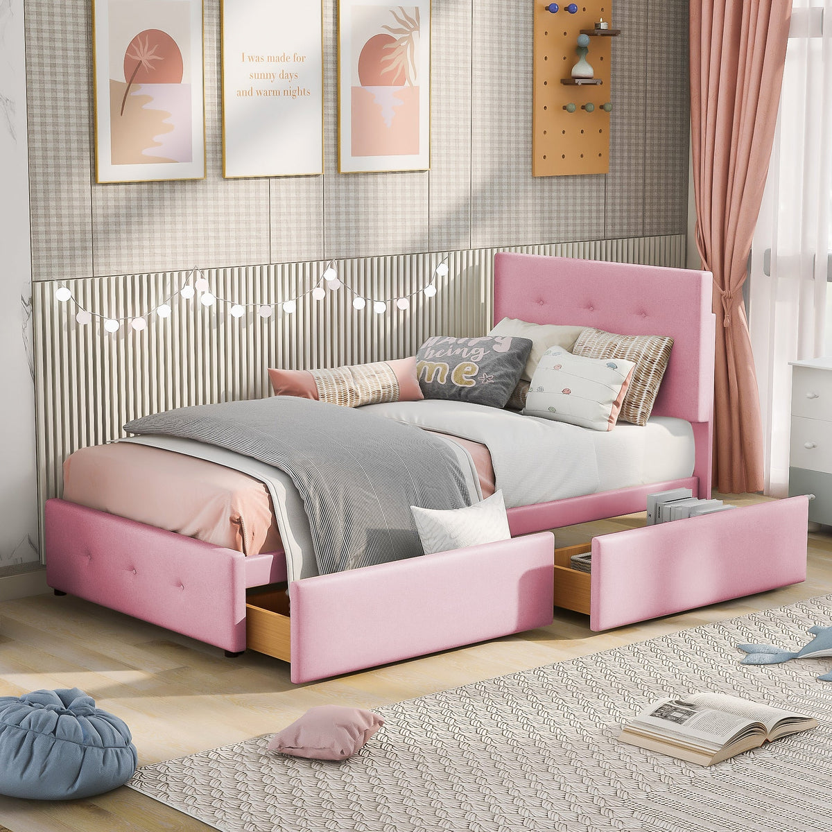 Upholstered Bed 90x200cm, Slatted Frame, Backrest & 2 Drawers, Pink Velvet