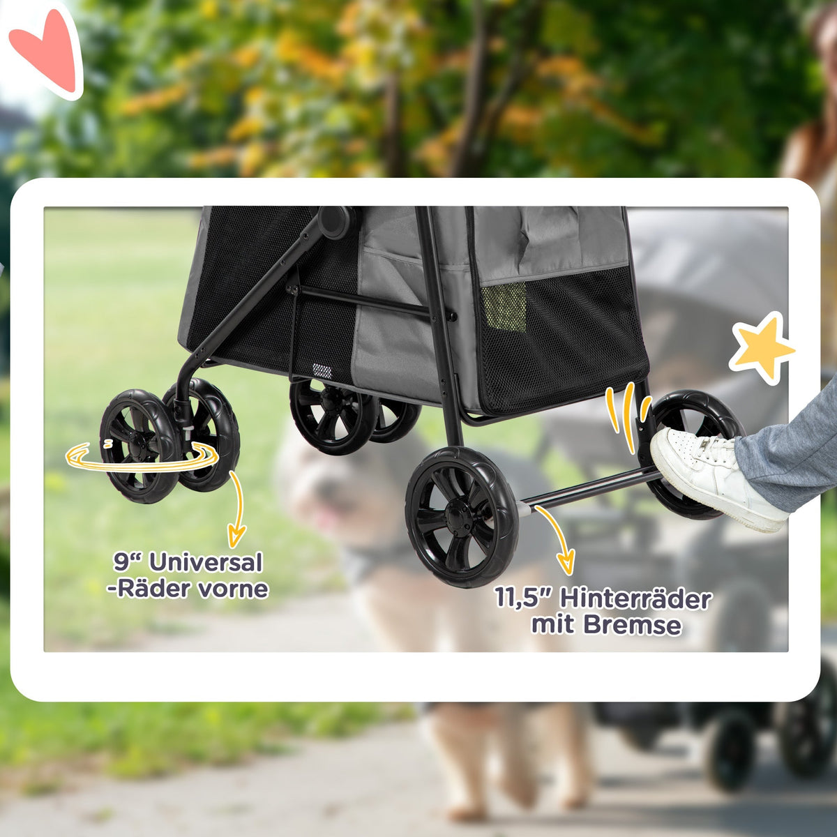 Dog Stroller, Foldable Buggy with Cushion, Grey-Black Oxford Fabric
