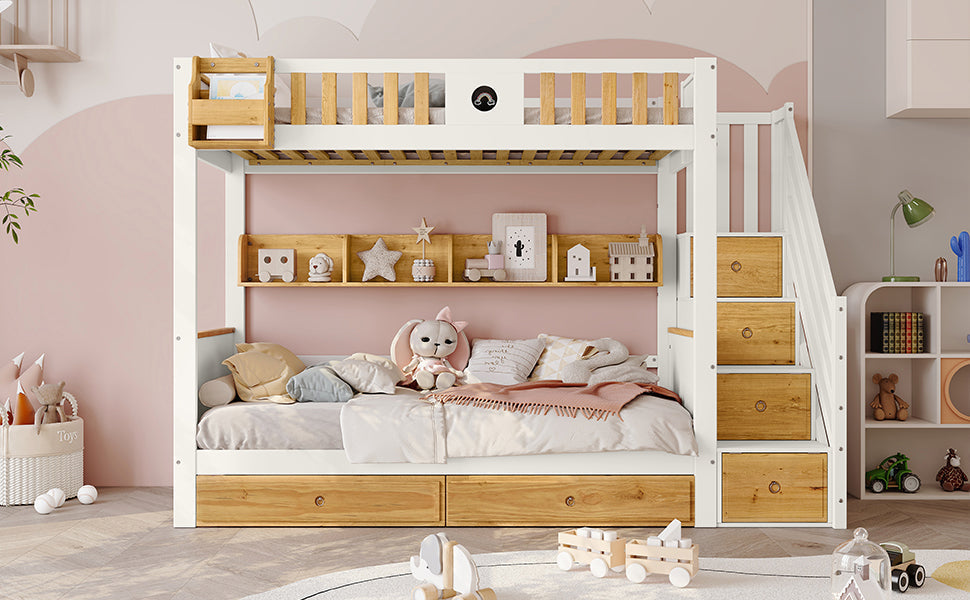 Bunk Bed 90x200cm Storage Stairs Drawers Pine/MDF White+Natural