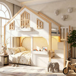 House Bunk Bed 90x200cm with LED & Storage Stairs, White+Natural