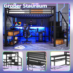 Loft Bed with Desk, LED Light Strip and Storage Staircase, 140 x 200 cm, Black Iron Frame