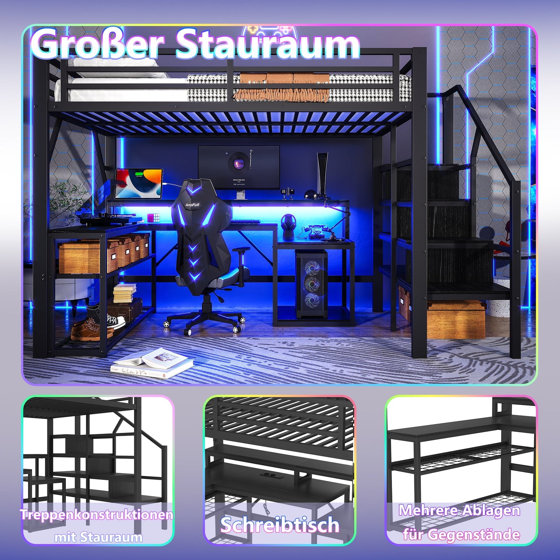 Loft Bed with Desk, LED Light Strip and Storage Staircase, 140 x 200 cm, Black Iron Frame