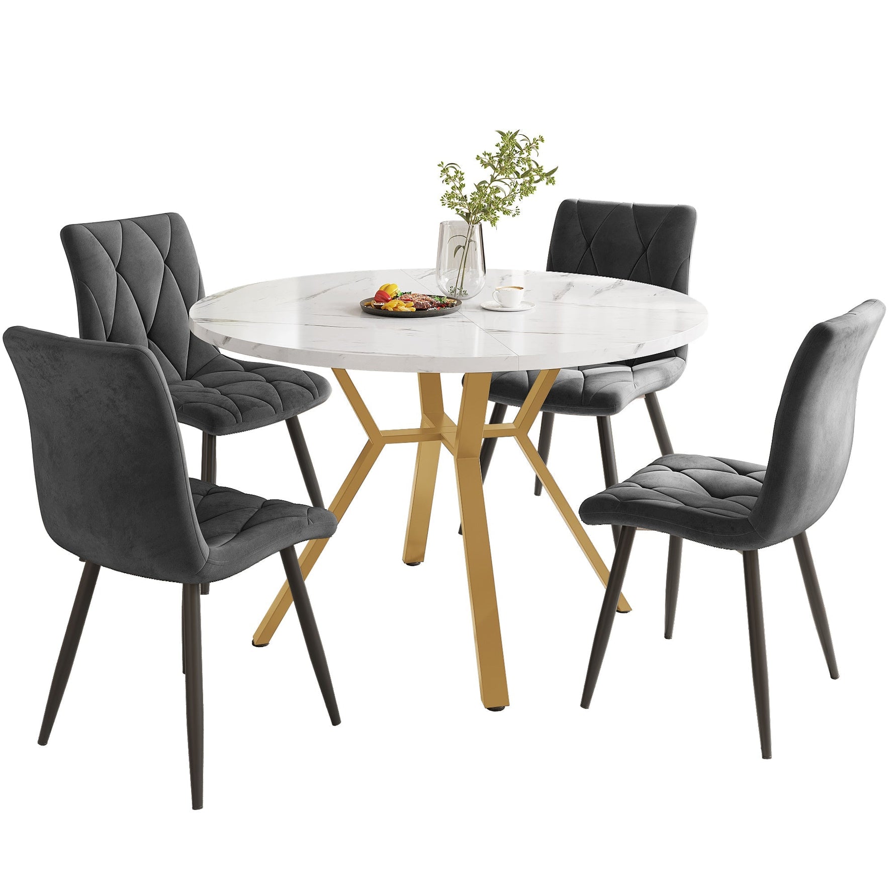 Dining Set 5-Piece Round Marble Table 4 Velvet Chairs - Grey