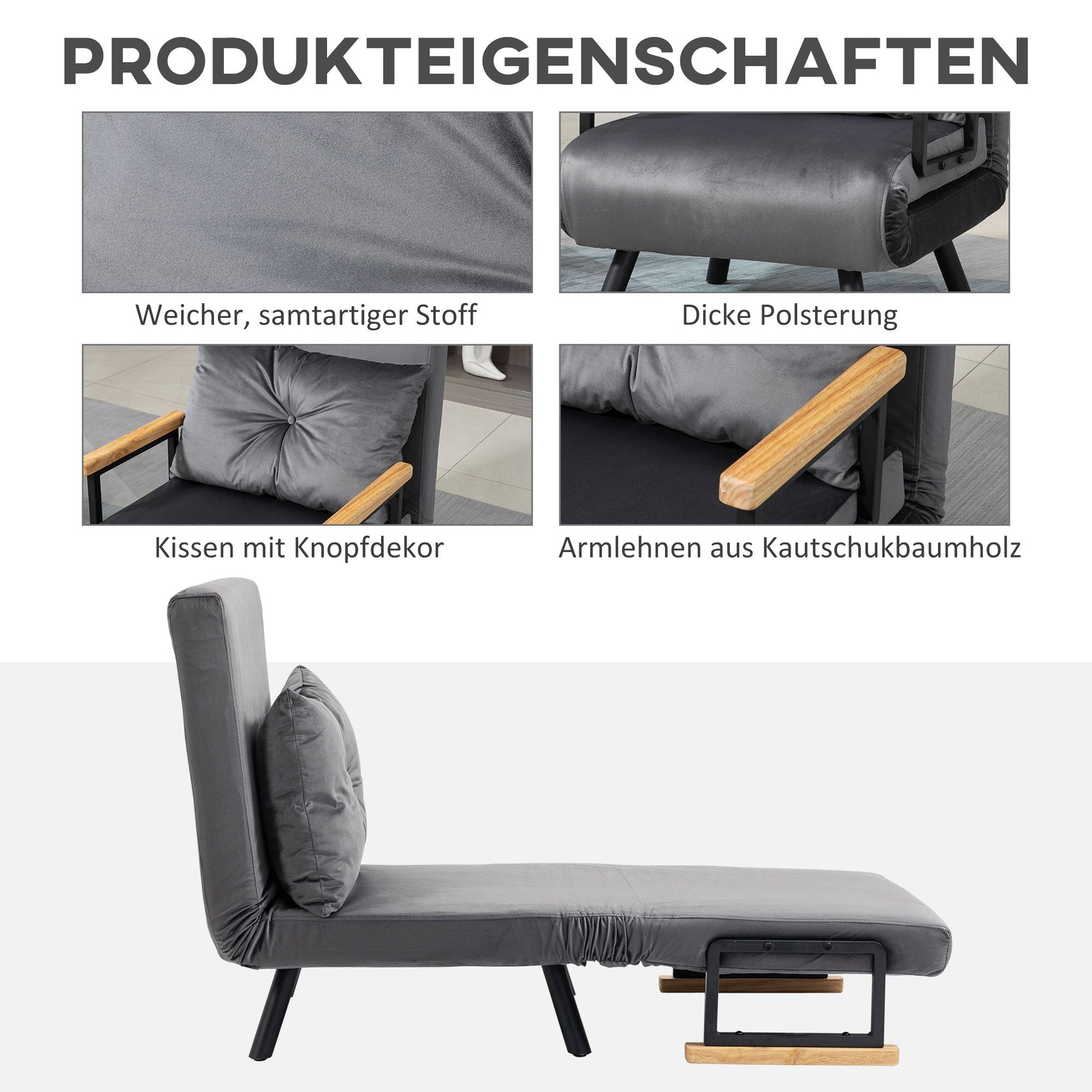Sleeper Chair Single Sofa Bed Recliner Adjustable Backrest, Dark Grey Velvet