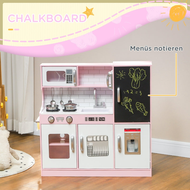 AIYAPLAY Play Kitchen Set with Pots, Blackboard, Telephone, Ice Cream Maker, Stove, Pink