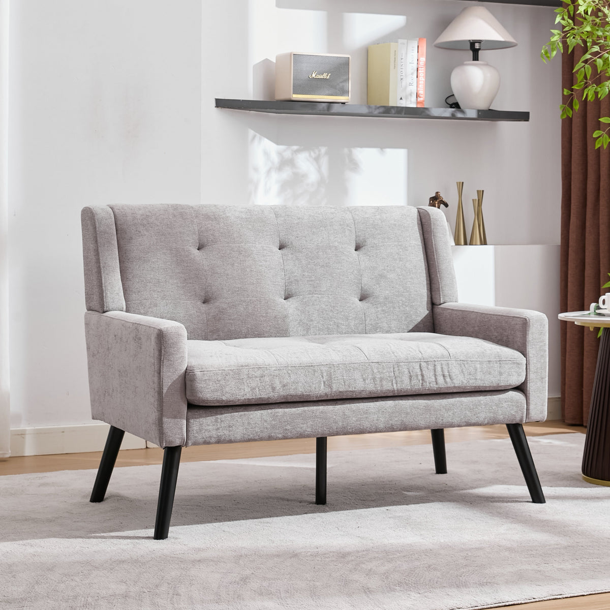 2-Seater Linen Bench with Button Tufting and Solid Wood Legs, Natural Linen