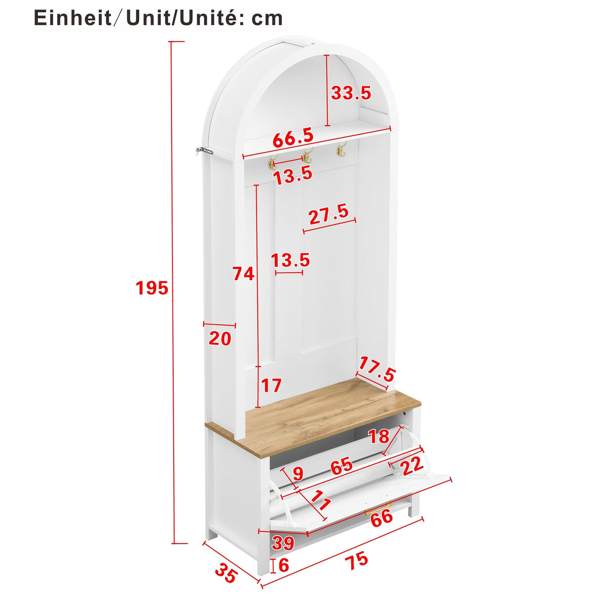 Multifunctional Wardrobe Hall Tree with Shoe Rack, Shelf & Hooks, MDF