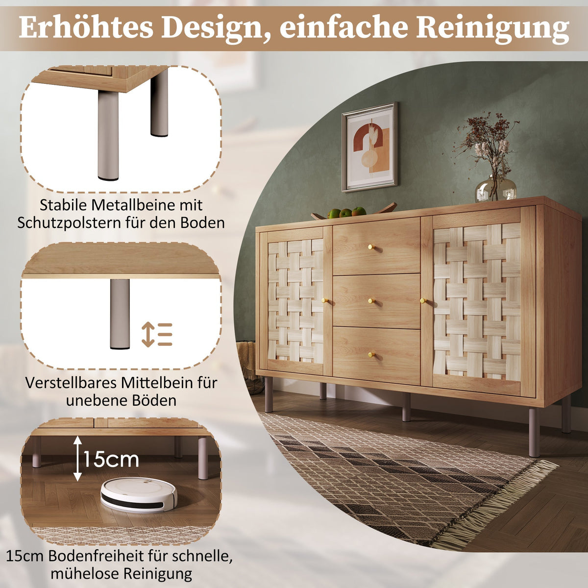 Country-style Chest of Drawers, 120x40x75 cm with 2 Doors and 3 Drawers, Oak-colored