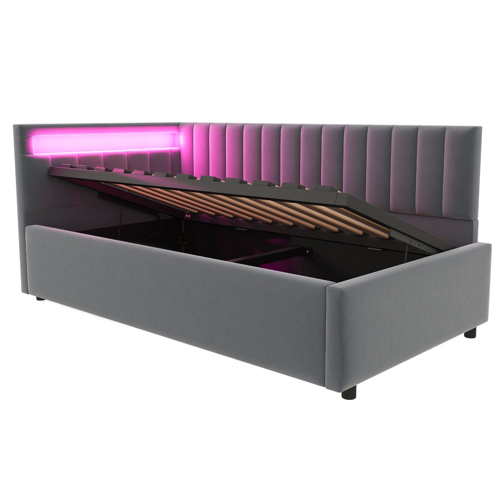 Upholstered Sofa Bed with LED Lighting and Hydraulic Storage, Velvet Beige/Gray