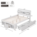 Multifunctional Double Bed with USB Port, Drawers and Storage Cabinet, 140x200cm, White Wood