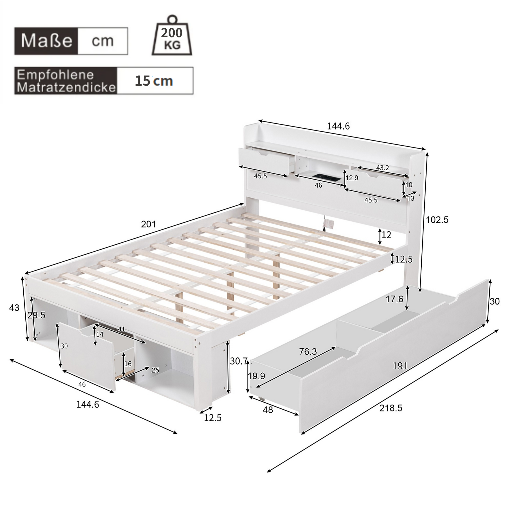 Multifunctional Double Bed with USB Port, Drawers and Storage Cabinet, 140x200cm, White Wood