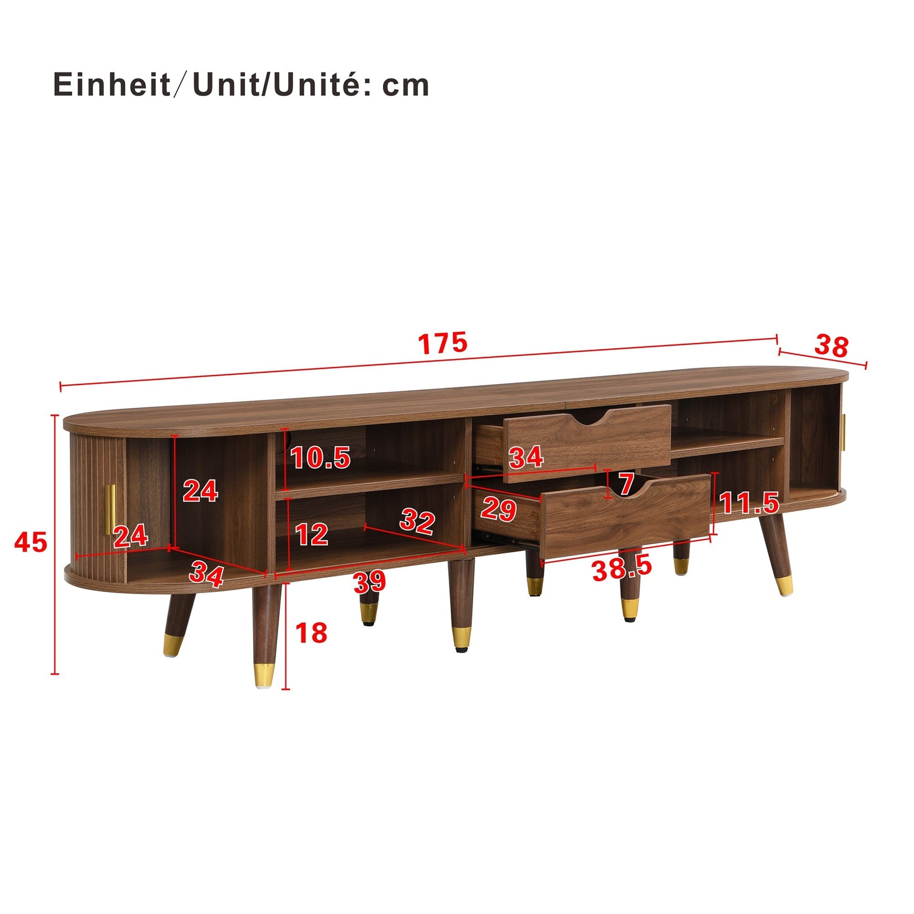 TV Cabinet 175cm Rattan Sliding Door Storage, Walnut Look/Natural Design