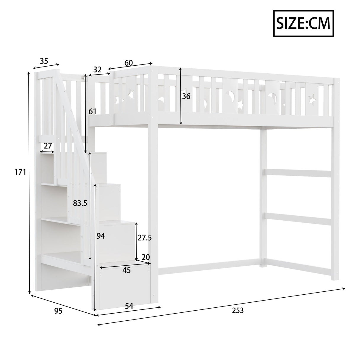 Bunk Bed, 90x200 with Stairs, Loft, Solid Wood, White