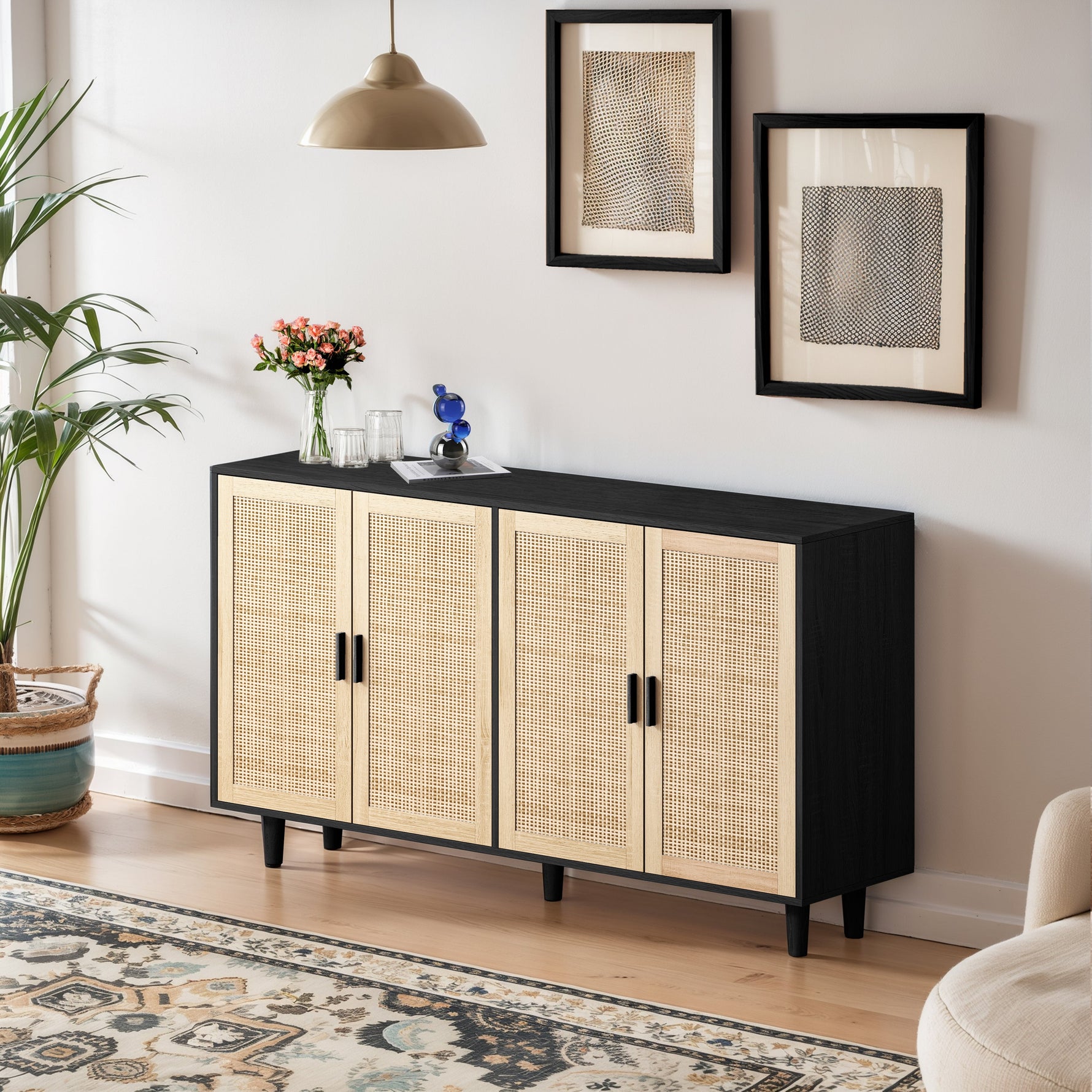 Rattan Storage Cabinet, 158cm 4-Door Decorative, Black