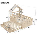 Wooden House Bed with Pull-out Bed, 3 Drawers and Safety Rails, 140x200cm, Cream