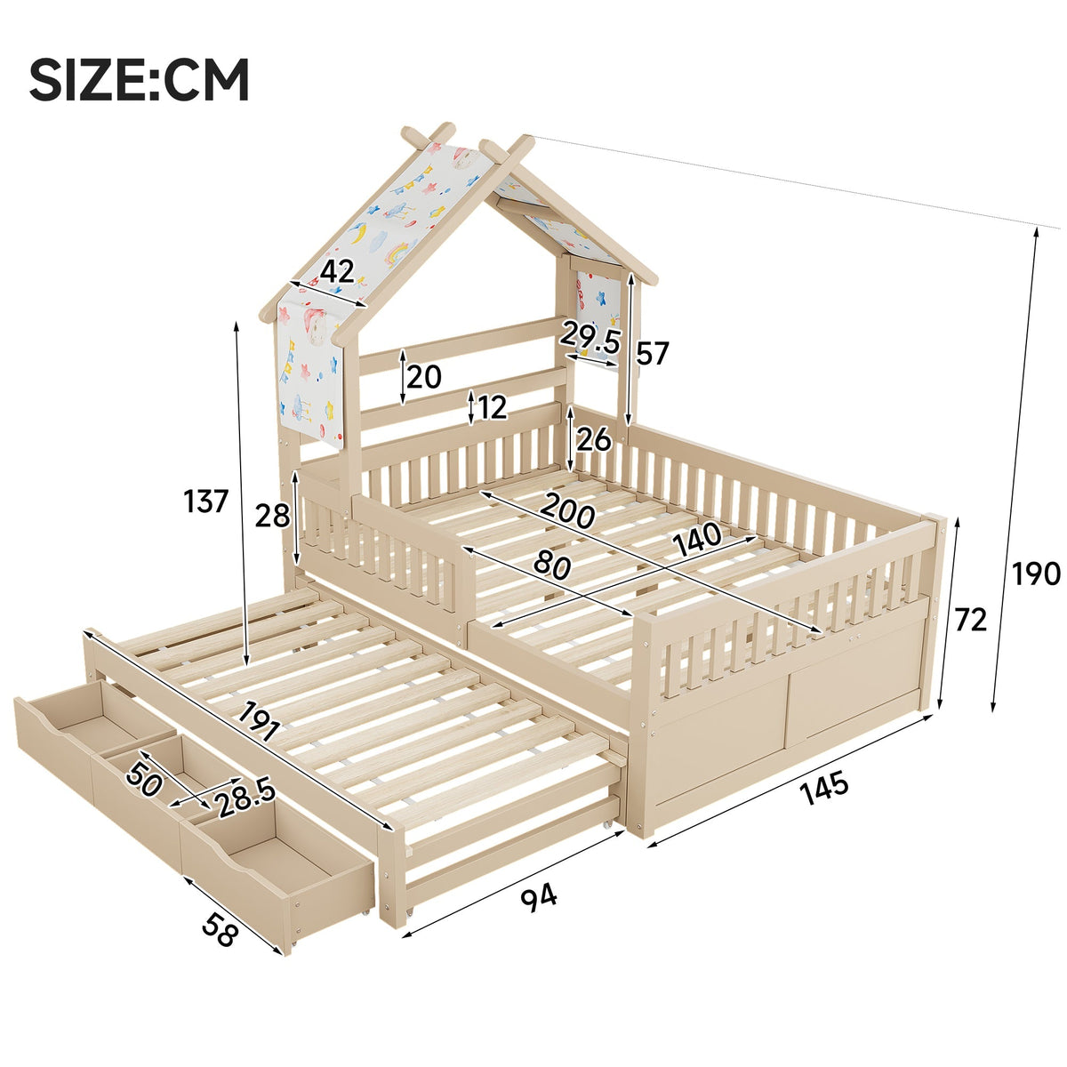 Wooden House Bed with Pull-out Bed, 3 Drawers and Safety Rails, 140x200cm, Cream