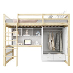 Loft Bed, 90x200cm with Ladder, Desk, Wardrobe & Drawers, Wood Color