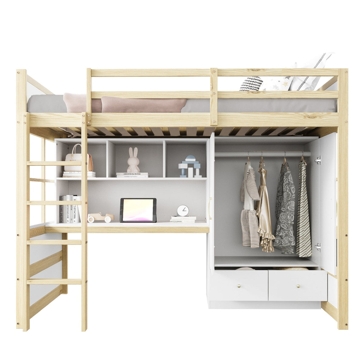 Loft Bed, 90x200cm with Ladder, Desk, Wardrobe & Drawers, Wood Color