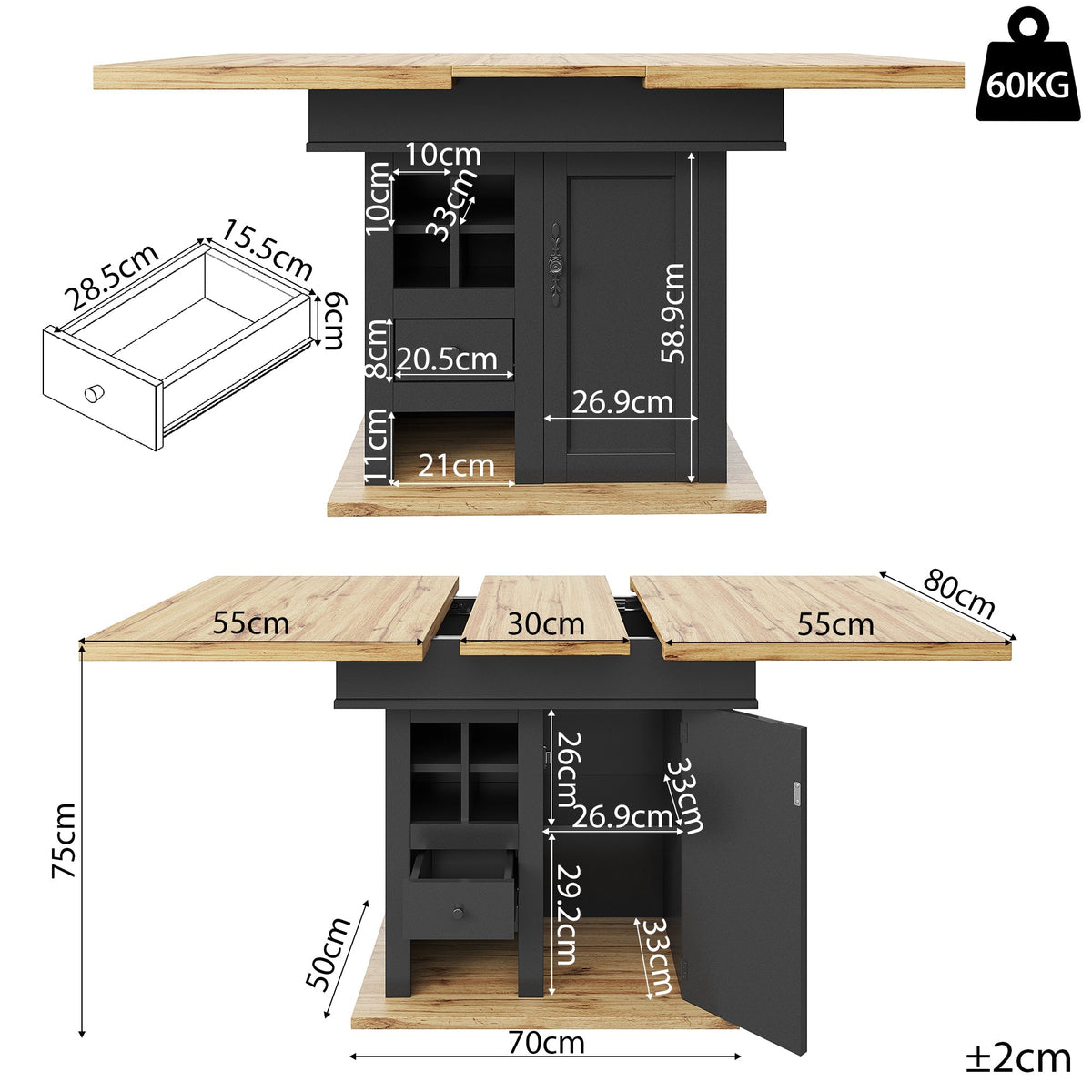 Extendable Telescopic Dining Table with Wine Rack and Drawers, MDF and Metal