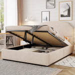 Upholstered Double Bed 140x200 with Hydraulic Storage and Wide Headboard, Beige Striped Plush