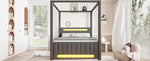 Upholstered Four-Poster Bed 140x200cm, Pull-Out & 3 Drawers, Grey