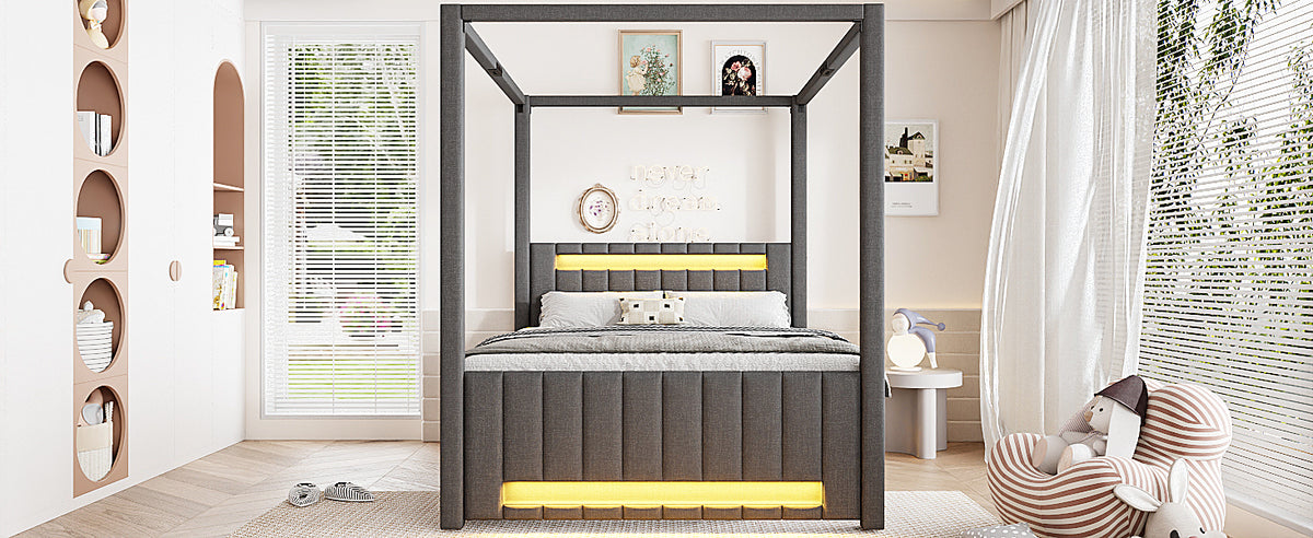 Upholstered Four-Poster Bed 140x200cm, Pull-Out & 3 Drawers, Grey