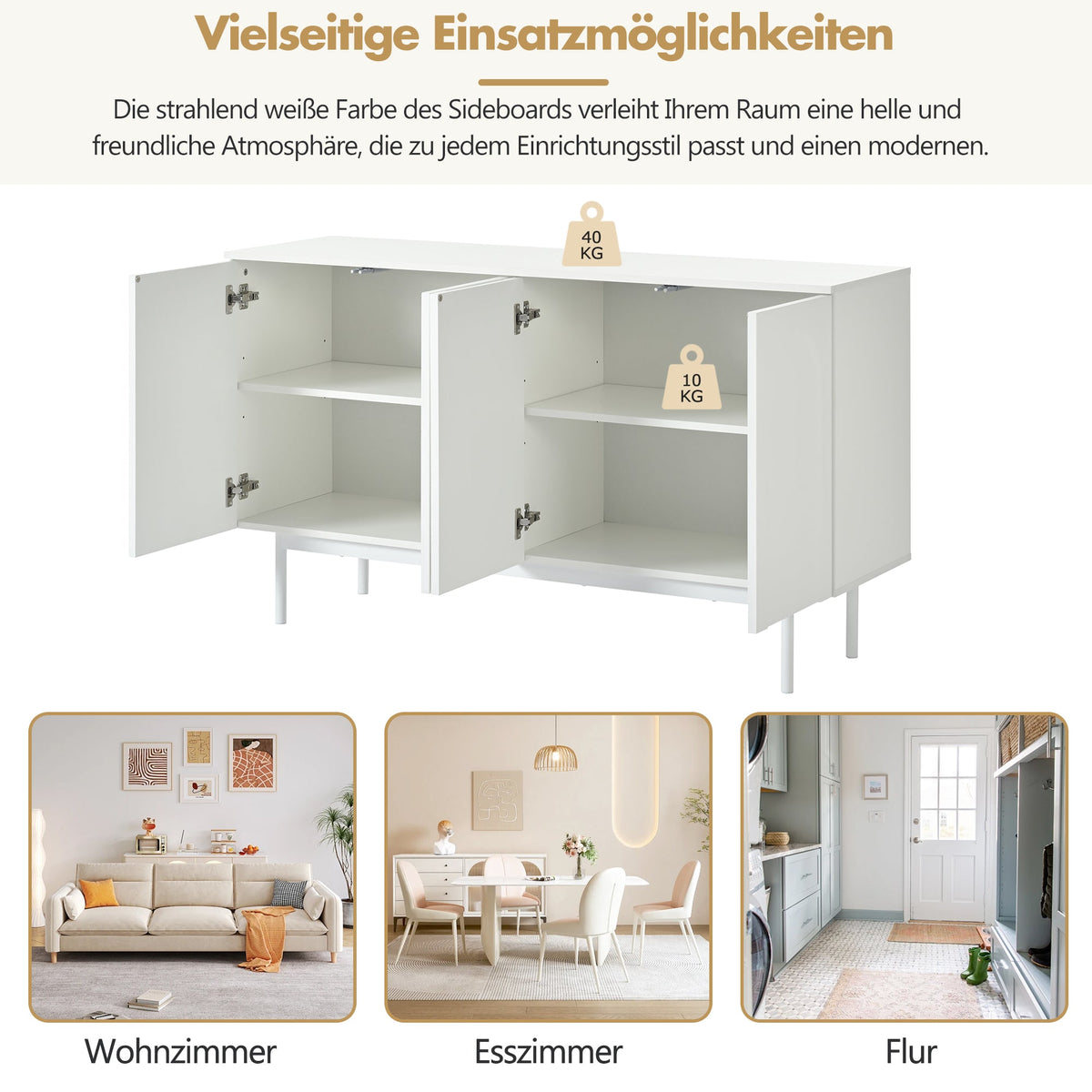Sideboard, Minimalist Arched Pattern 4-Door, Pure White