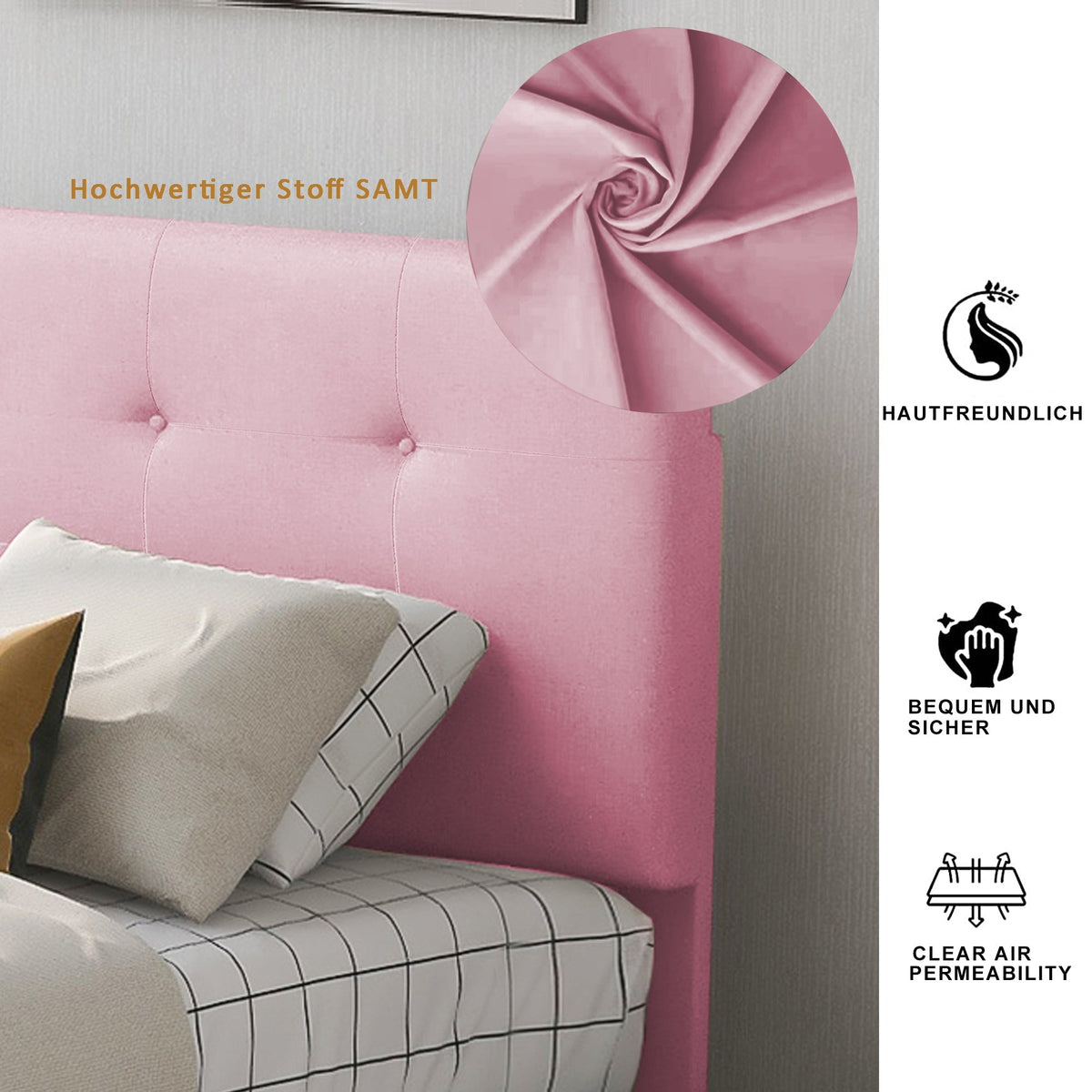 Upholstered Bed 90x200cm, Slatted Frame, Backrest & 2 Drawers, Pink Velvet