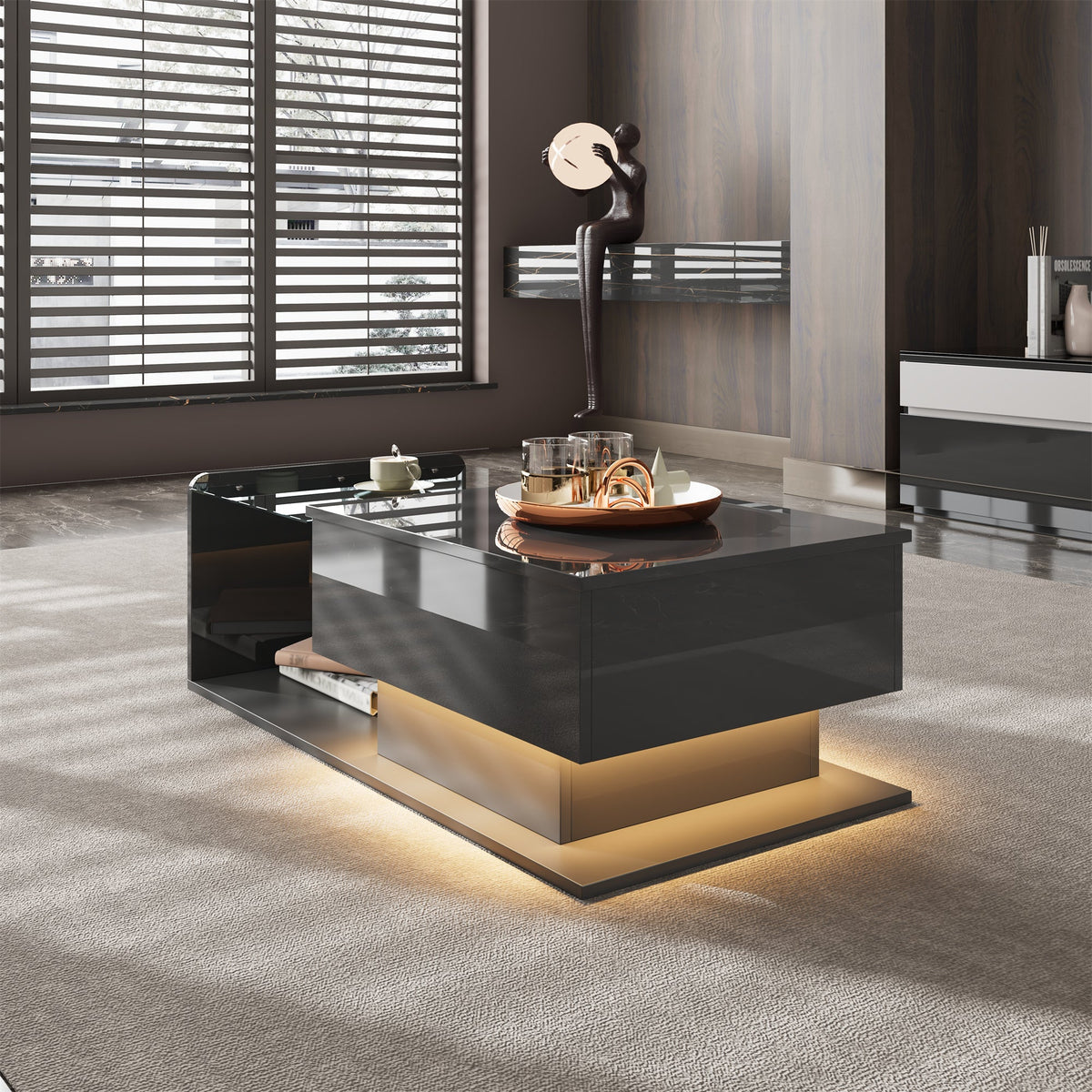 Coffee Table with Glass & LED, High-Gloss Black