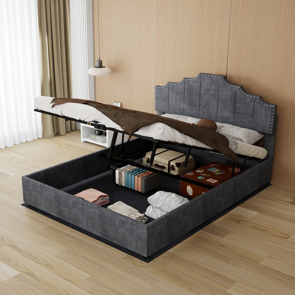 Modern Soft Bed with Mattress 140x200cm, Pneumatic Storage, Grey