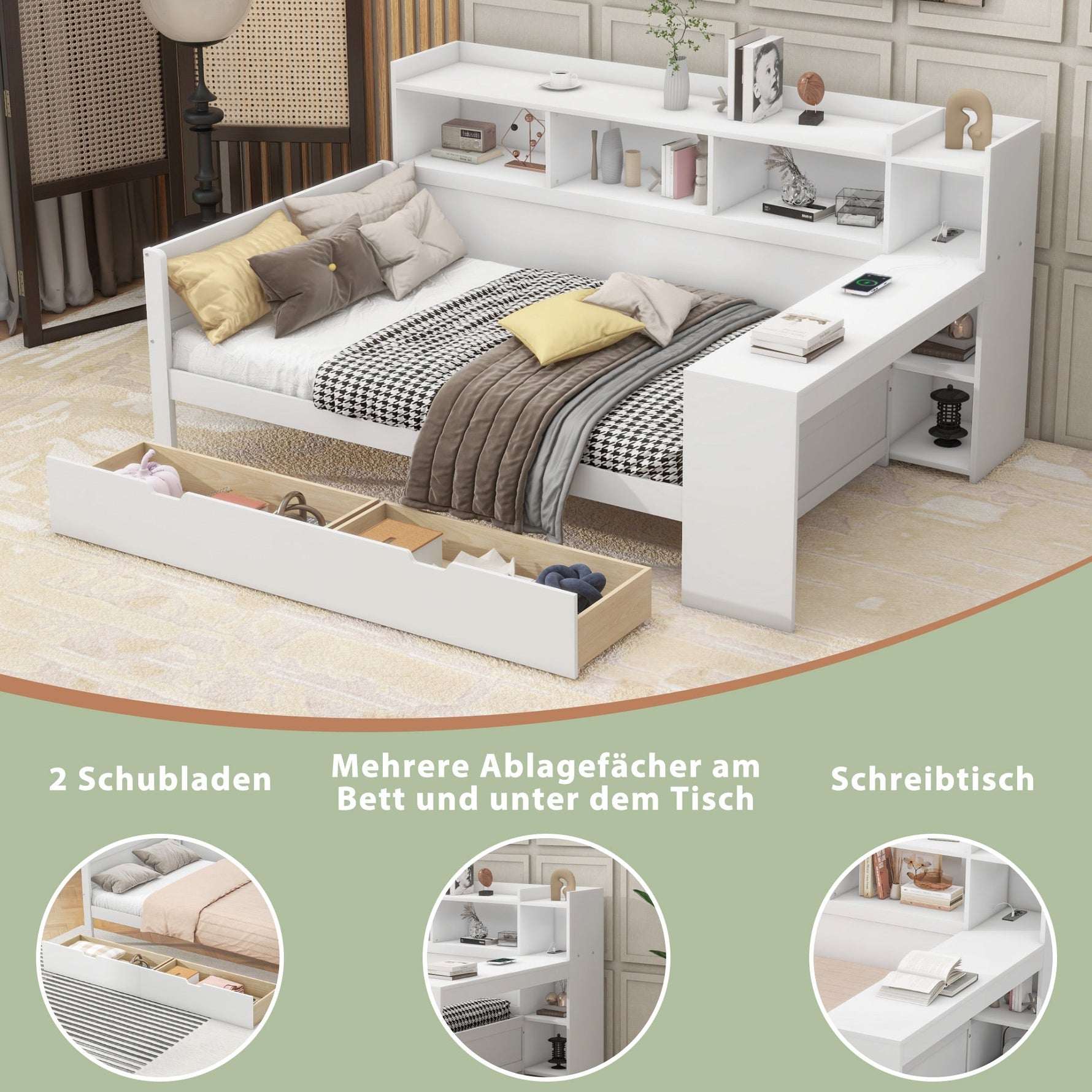 Daybed with Desk and USB Charging Port, 90 x 200 cm with 2 Drawers and Storage Shelves, White Chipboard