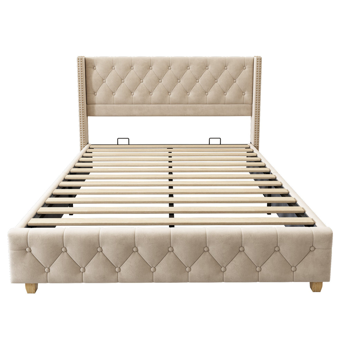 Upholstered Bed 160x200cm Button & Studded Headboard Slatted Frame - Light Beige Velvet
