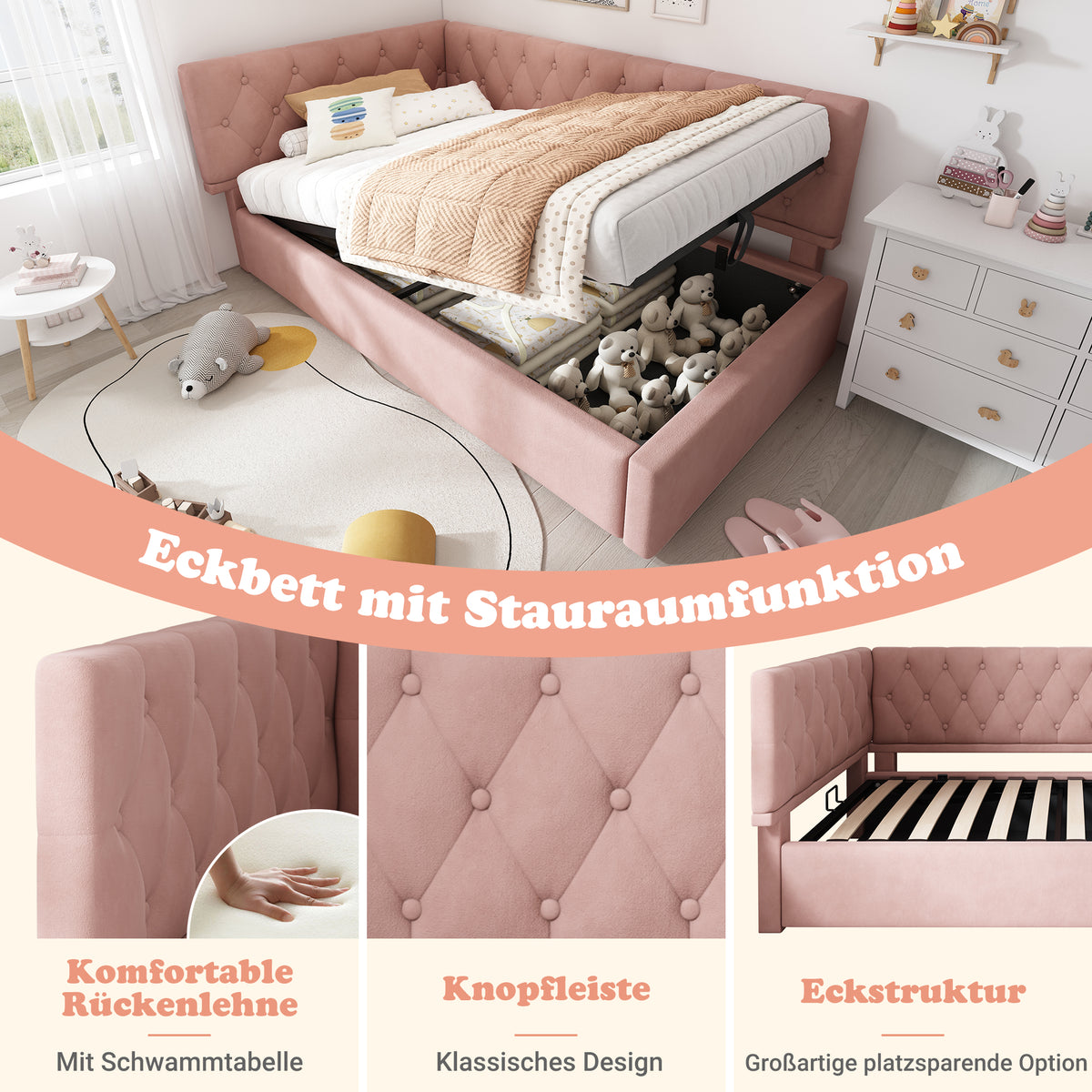 Upholstered Double Bed 180x200 with Storage & LED, Beige Chenille