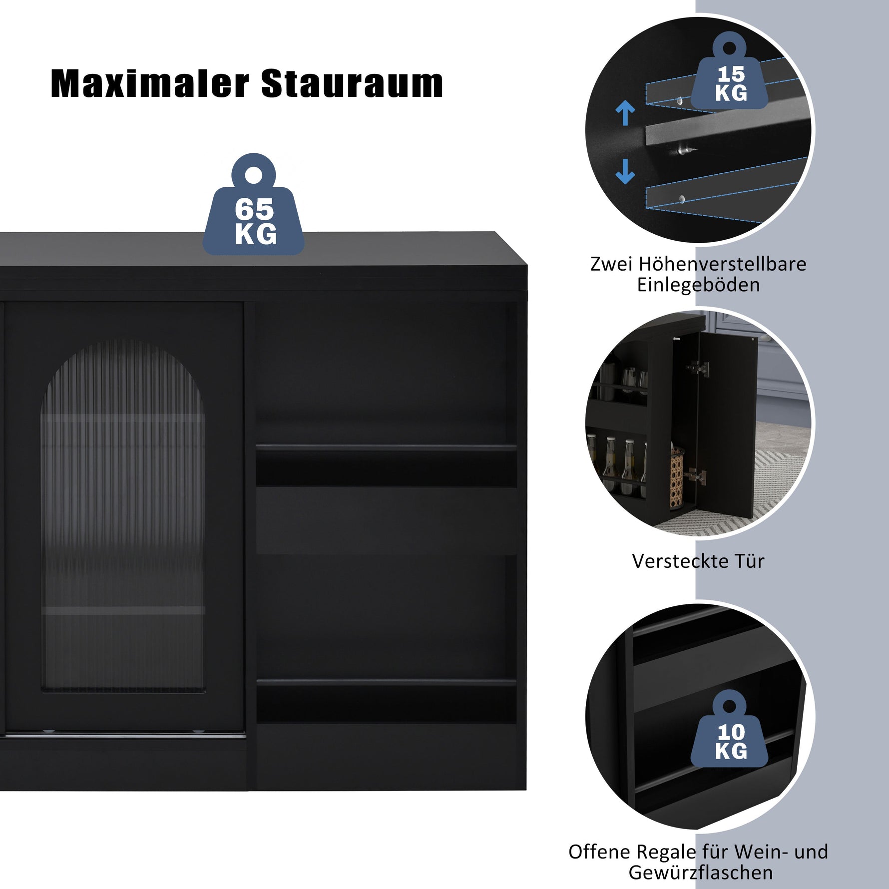 Bar Table, Extendable 360° Rotating with Storage & Glass Cabinet, Black