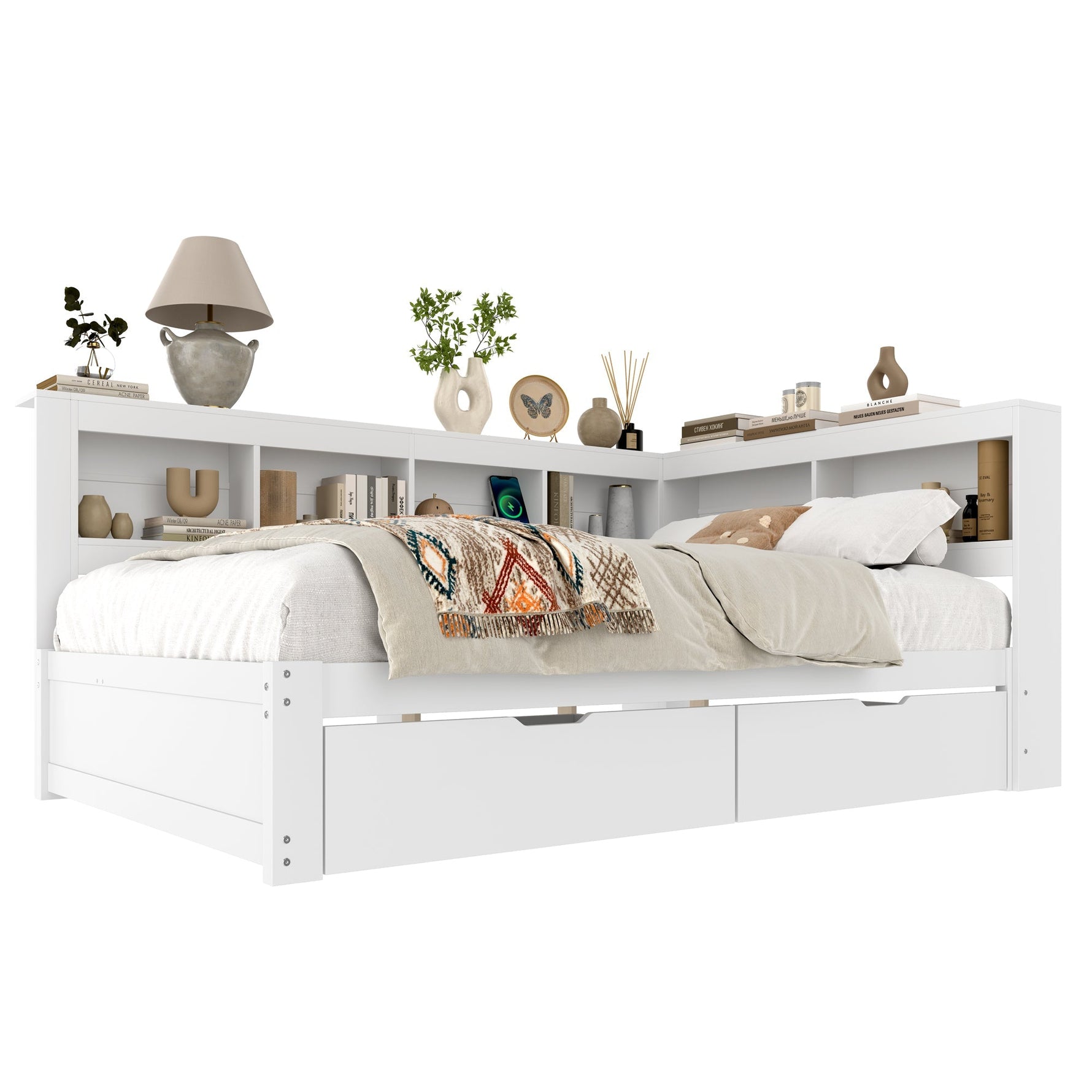 Daybed with 2 Drawers and USB Charging Ports, 140 x 200 cm, White Chipboard