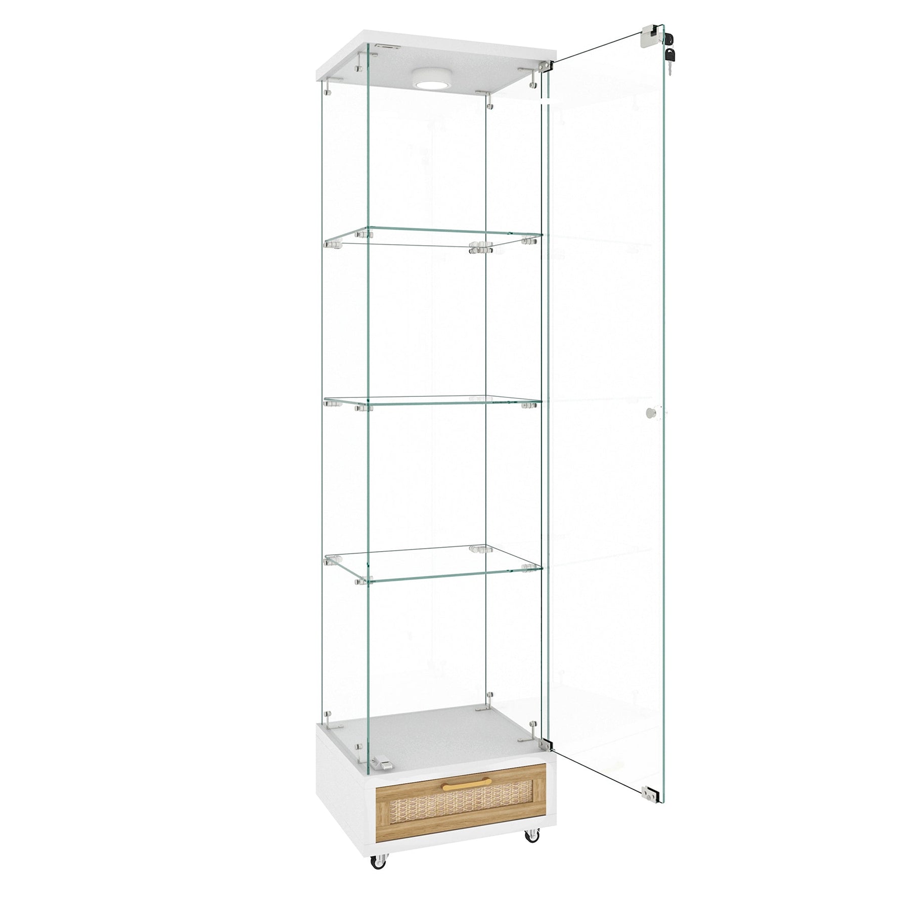 Modern Glass Display Cabinet LED Lights Drawers 4 Shelves - White