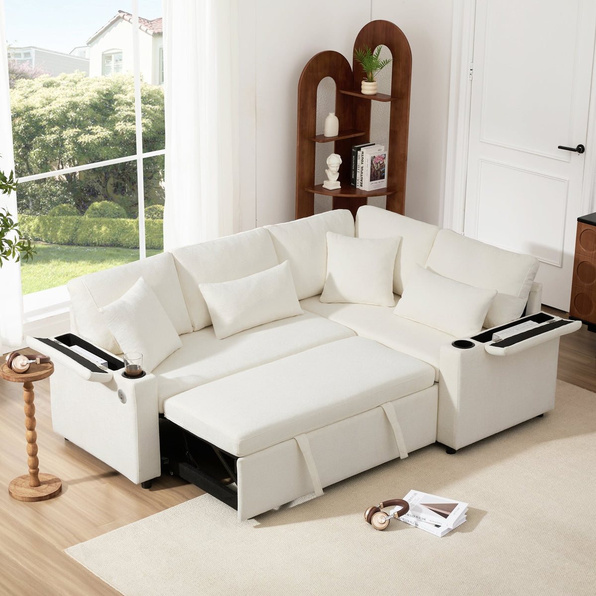 L-Shaped Corner Sofa, Extendable Chaise Storage Cup Holders USB Armrest, Beige