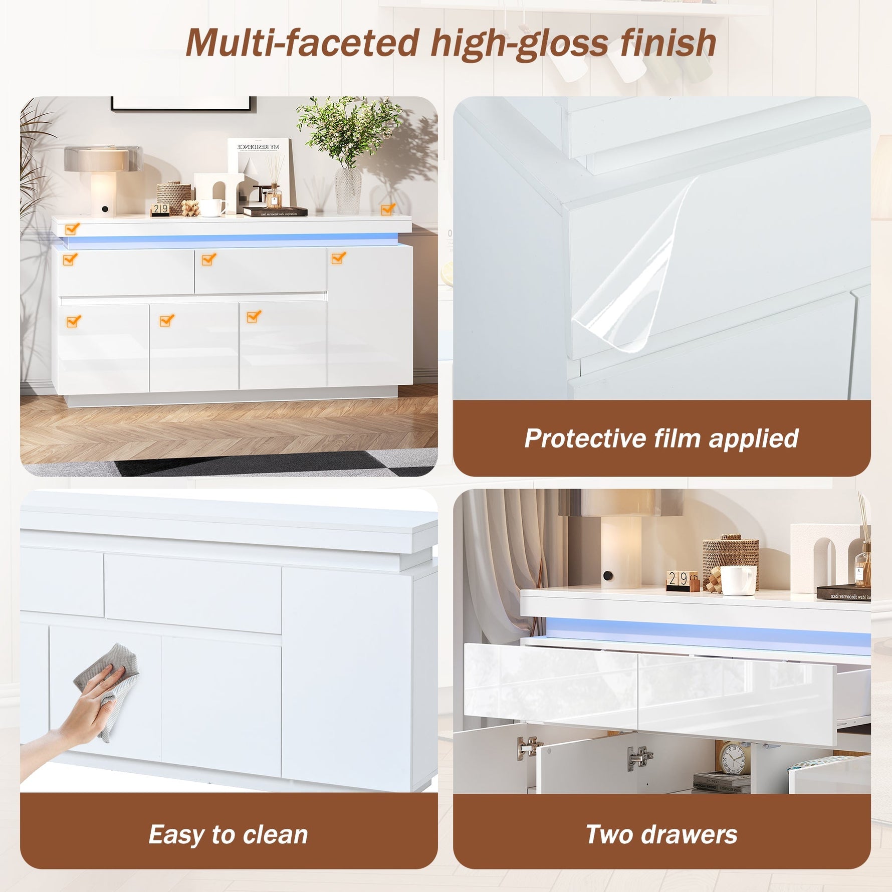 Sideboard 140x35x72.5cm High-Gloss LED 2 Drawers 4 Doors - White