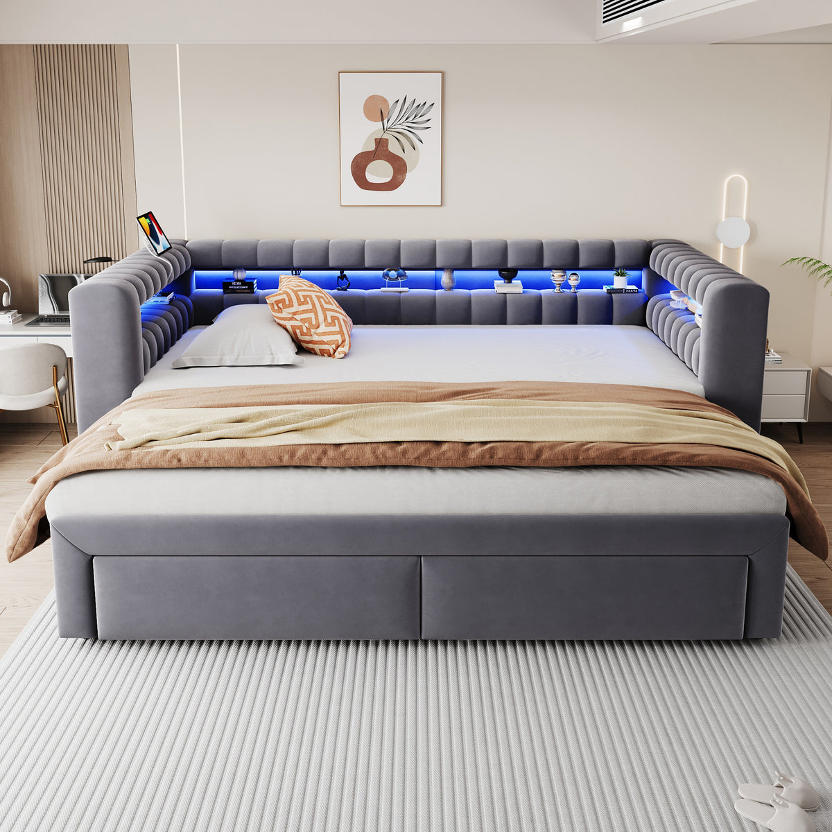 Upholstered Sofa Bed with Drawers & LED, Dark Grey Velvet