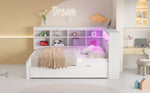 Solid Wood Sofa, 140x200cm Double Bed with Drawers, USB, LED, Shelves, White