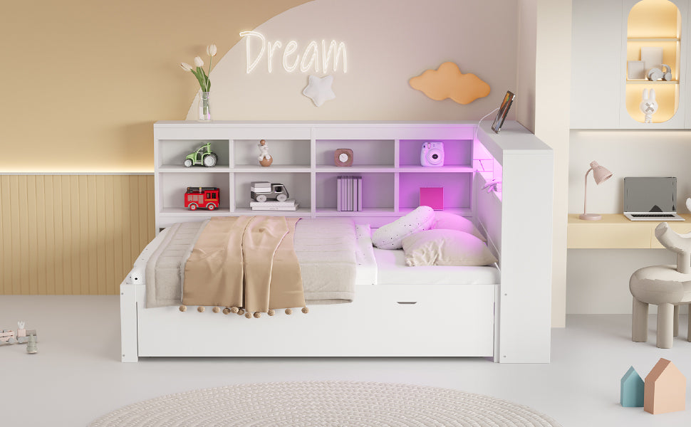 Solid Wood Sofa, 140x200cm Double Bed with Drawers, USB, LED, Shelves, White