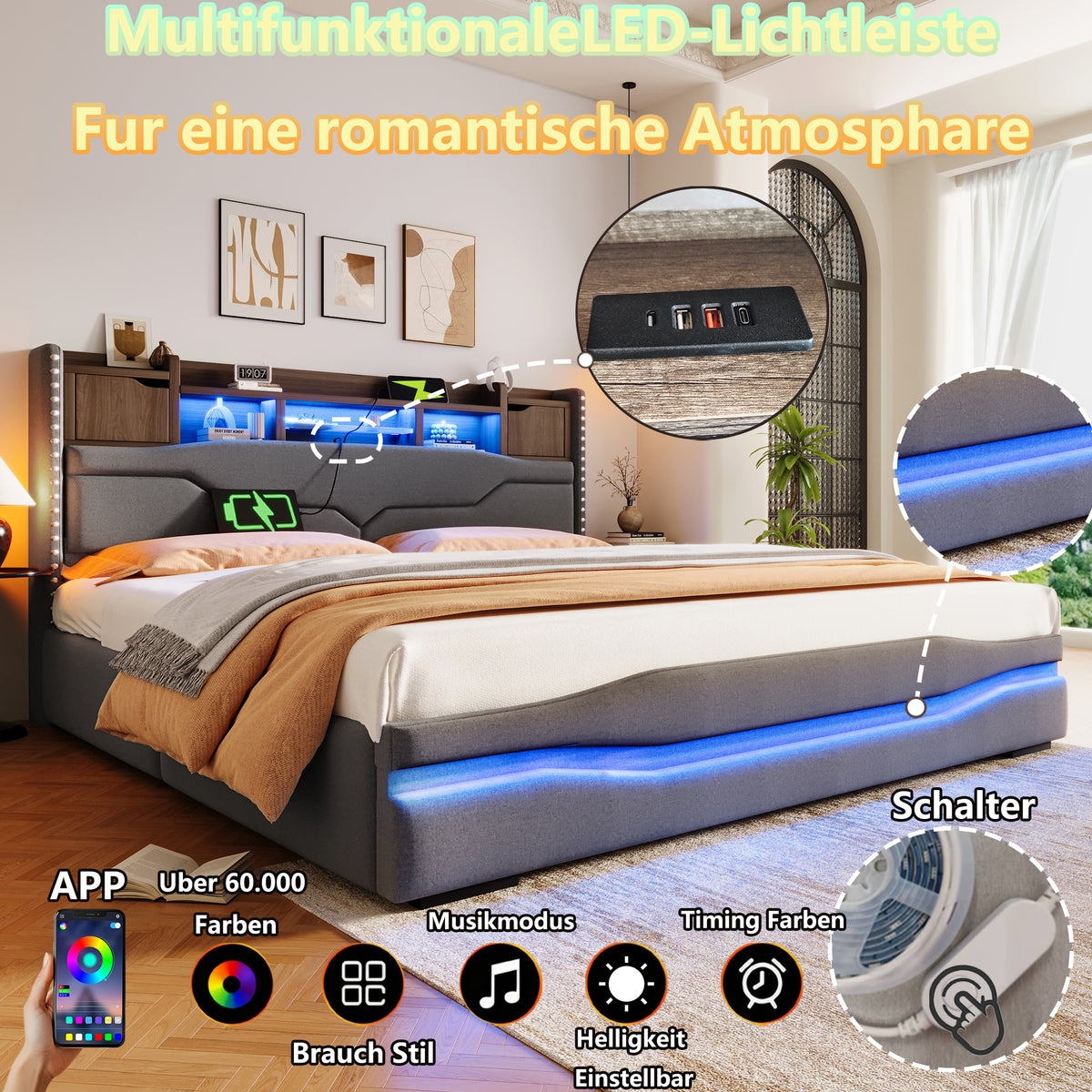 Upholstered Bed 180x200cm with Hydraulic Storage & LED, Grey