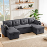 Sleeper Sofa U-Shaped with Storage & Cup Holders, Cotton and Linen Fabric