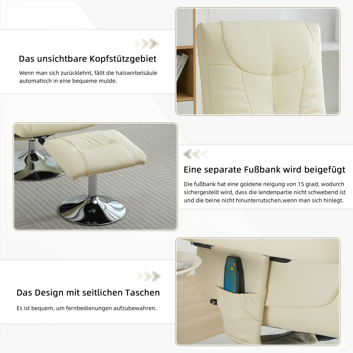 Recliner Chair with 5-Point Massage, Electric Heating, 360° Swivel, PU Fabric Beige