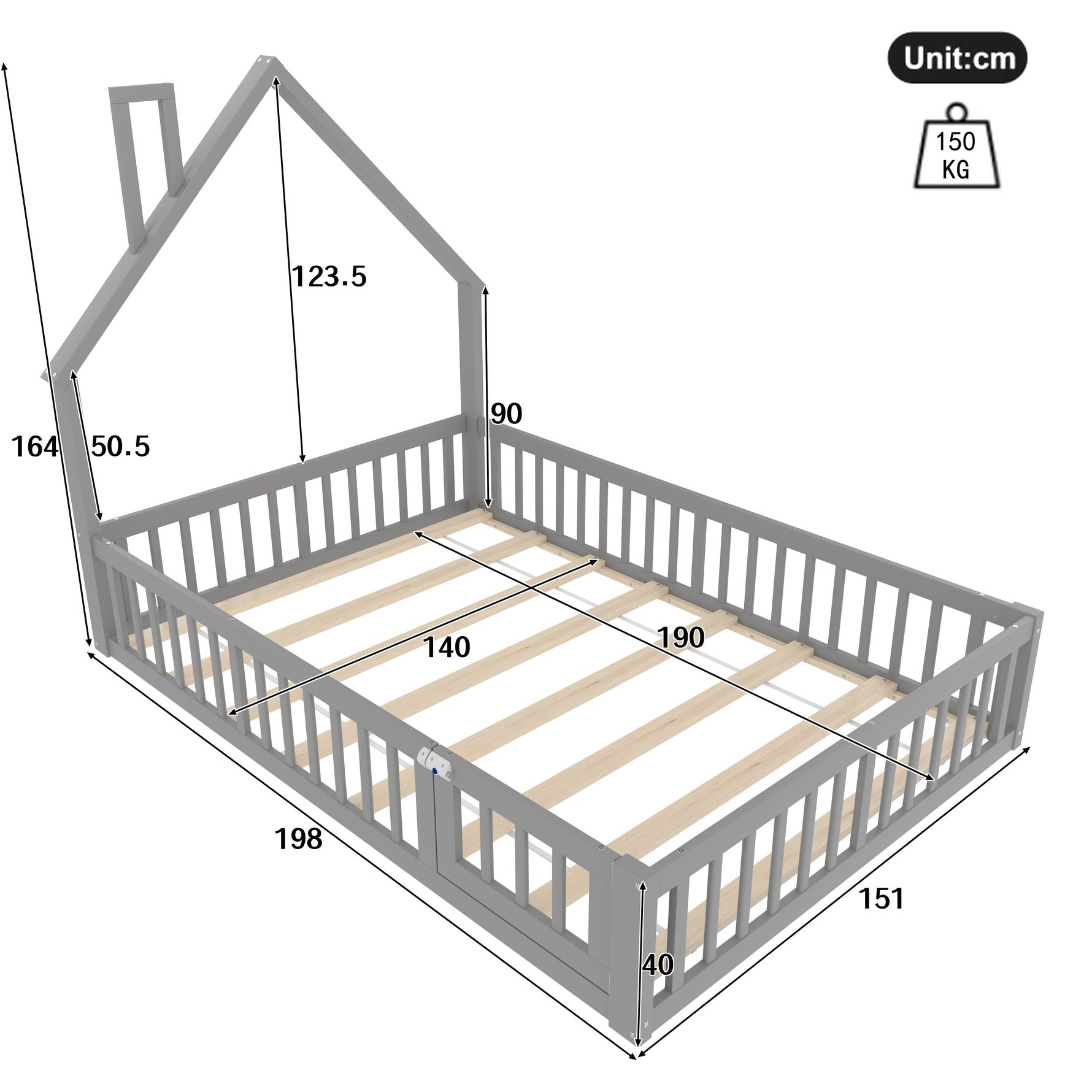 Children's Upholstered Bed with Chimney Shape and Slatted Base, 140x190cm, Grey Pine Wood