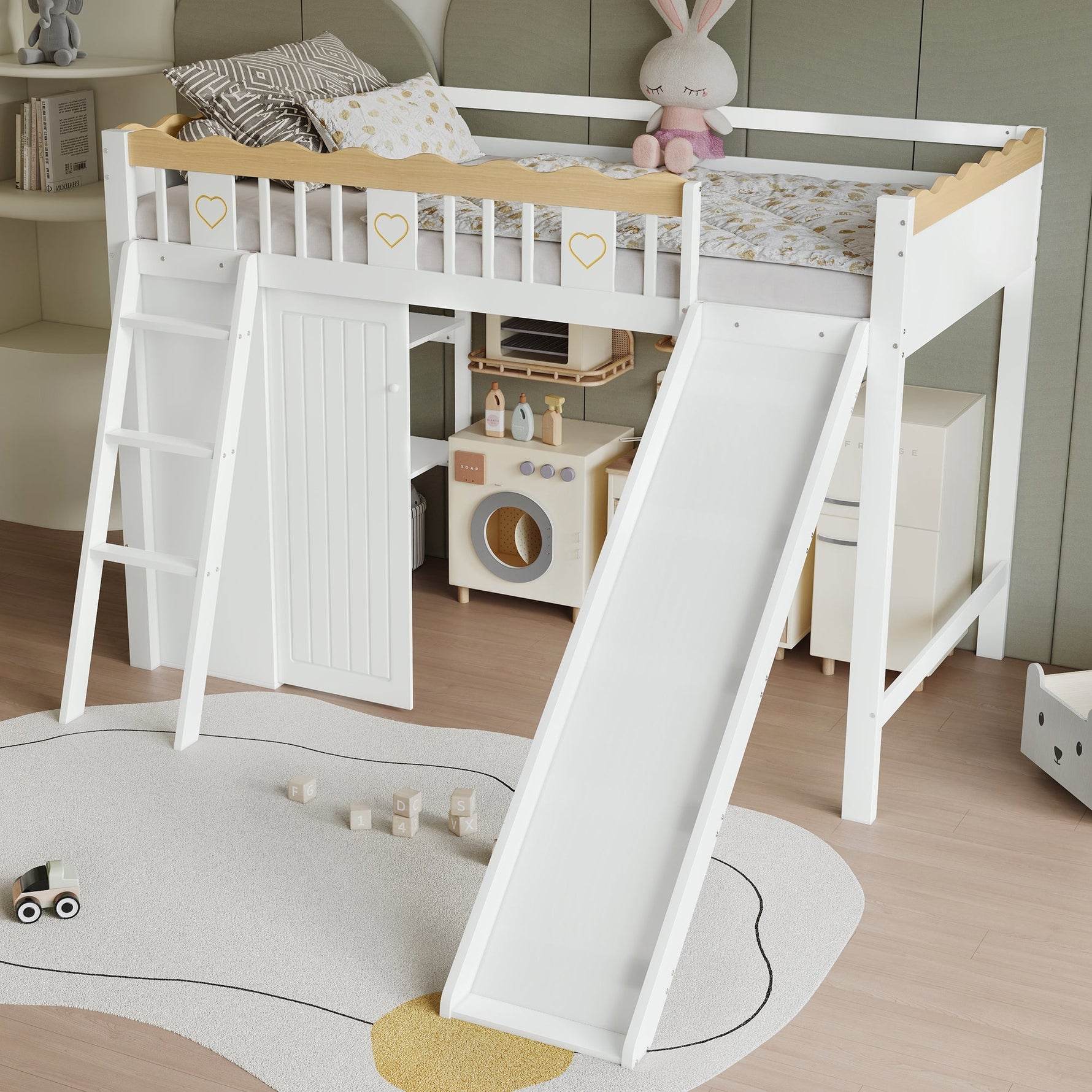 Loft Bed with Slide & Storage, Pine + MDF + Plywood, White + Natural