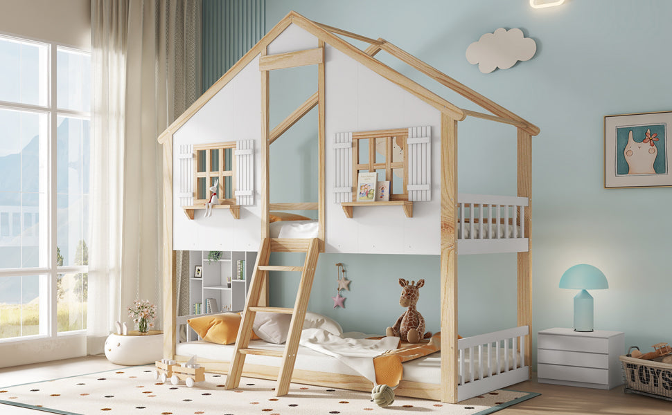 Bunk Bed, Children's with Windows & Roof, Safety Rails, Pine & MDF, White & Natural, 90x200cm