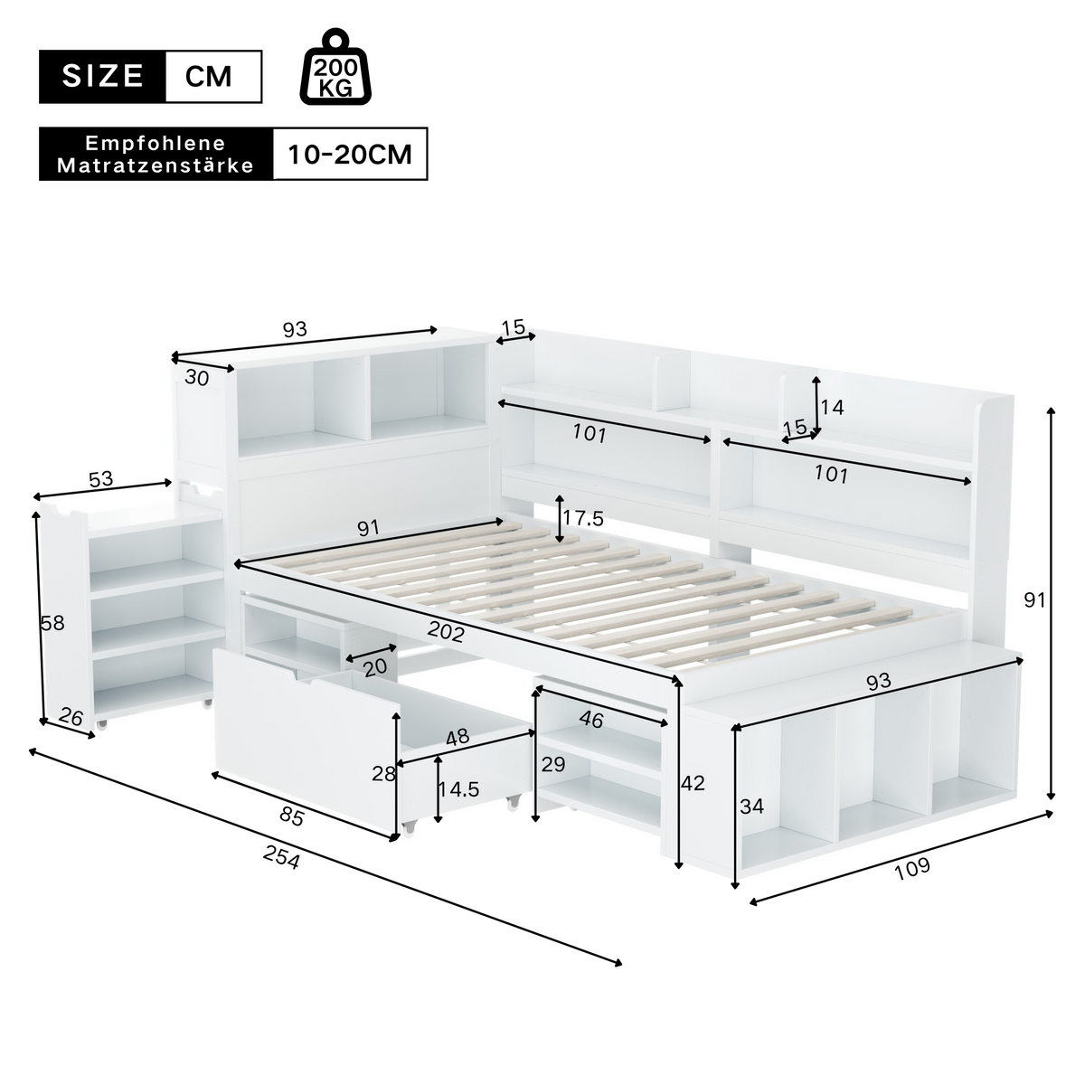Children's Bed 90x200cm with Drawers & Bookshelf, White